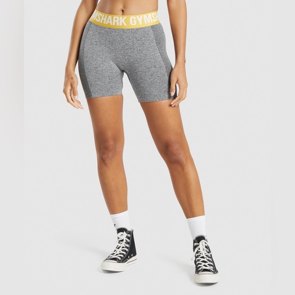 GYMSHARK Gray and Yellow Athletic Flex Stretch Shorts, M - Picture 1 of 9